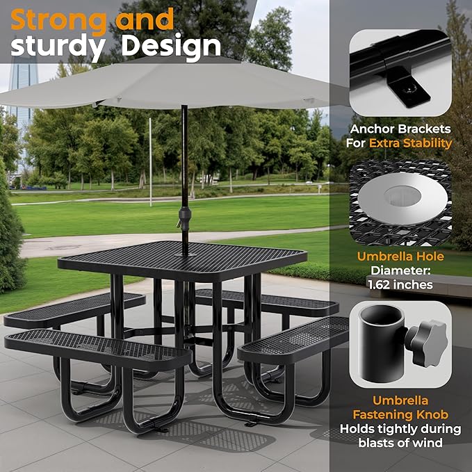 Metal Picnic Tables for Outdoors with Umbrella Hole - Coated Steel Heavy Duty Commercial Grade Furniture with Adjustable Seats (Black, 38 in, Square)