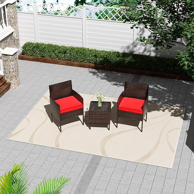 3 Pieces Patio Furniture Set, Outdoor Conversation Sets, Wicker Rattan Chairs for Garden Backyard Balcony Porch Poolside, Set with Glass Table and Soft Cushions (Brown+Red)