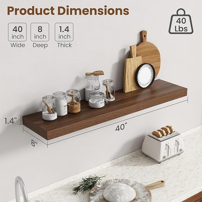 40 Inch Floating Shelves for Wall, 8 Inch Deep Floating Shelf for Storage & Display, Rustic Wall Mounted Shelf with Invisible Brackets for Living Room, Kitchen, Bathroom, Home Decor, Set of 2, Walnut