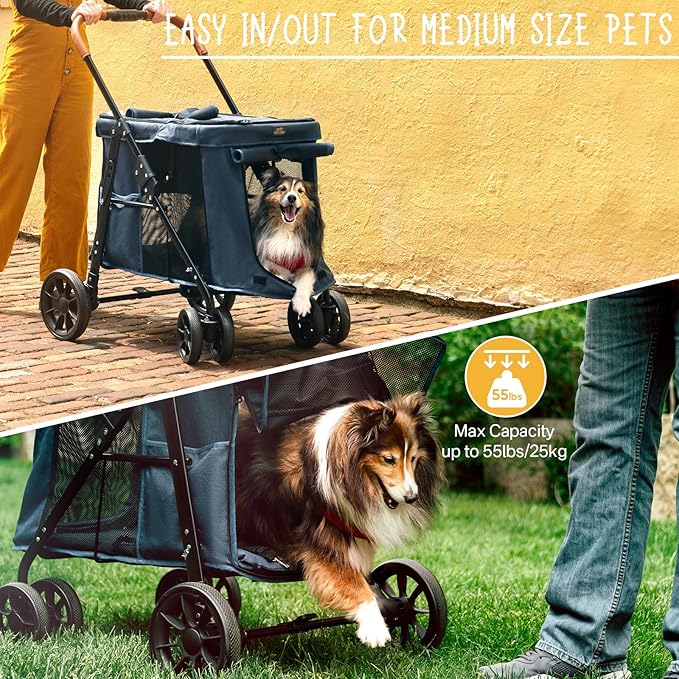 Upgraded 4 Wheels Pet Stroller for Small/Medium Dogs- One Button Fold, Adjustable Mesh Windows and Shades, 360° Swivel Front Wheels and Rear Wheel Brake