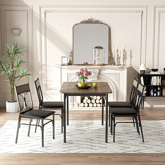 VECELO 5-Piece Dining Table Set for Home Kitchen Small Space Breakfast Nook, 4 Faux Leather Metal Frame Chairs, Brown,Set for 4