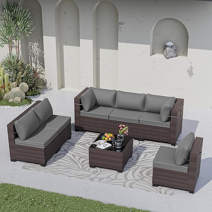 Kurapika 7 Pieces Patio Furniture Set, Rattan Wicker Outdoor Conversation Sets w/4 Inch Cushion and Glass Coffee Table(Grey)