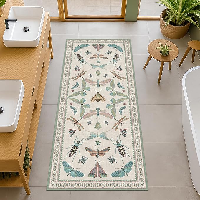 Washable Non Slip Bathroom Runner Rug 2x5, Insect Boho Bath Mat, Stain Resistant Low Pile Butterfly Insect Print Rugs for Laundry Room, Powder Room, Beige Green