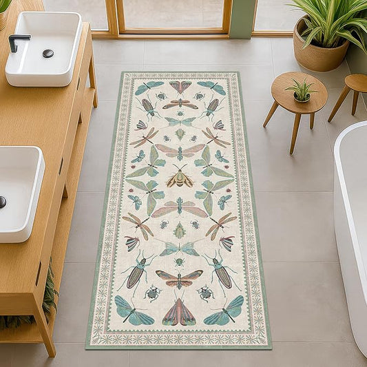 Washable Non Slip Bathroom Runner Rug 2x5, Insect Boho Bath Mat, Stain Resistant Low Pile Butterfly Insect Print Rugs for Laundry Room, Powder Room, Beige Green