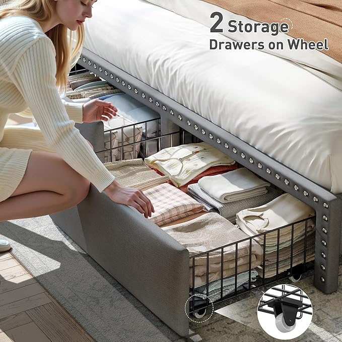 EnHomee King Size Bed Frame with 2 Storage Drawers, Upholstered Platform Bed with LED Lights and Charging Station, Sturdy Wooden Slats Support, No Box Spring Needed, Noise Free, Grey