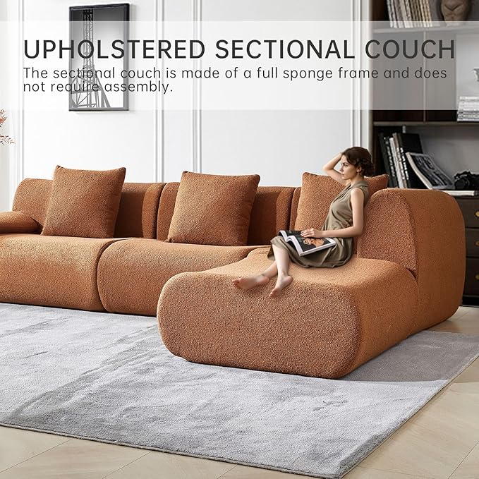 118" Modular Sectional Sofa with Movable Ottoman, 3-Seater Modern Teddy Velvet L-Shaped Couch, Convertible Cloud Sofa for Living Room, Sectional Boneless Couch