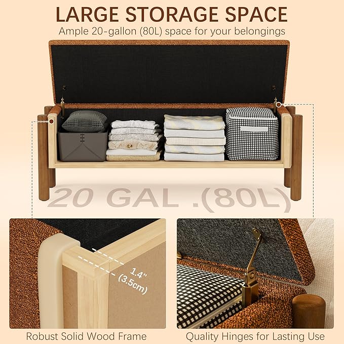 Modern Storage Benches with Walnut Wood Legs, 47'' Ottoman Bench with 20 Gallons Storage Space for Bedroom End of Bed, Fabric Upholstered Entryway Bench with Seating for Livingroom, Orange