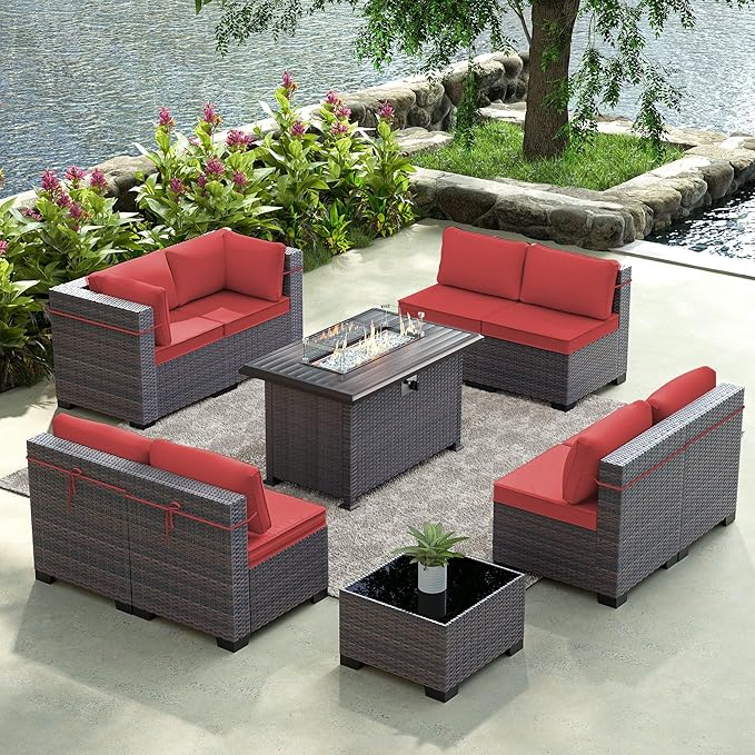Gotland 10 Pieces Patio Furniture Set with Fire Pit Table, All Weather Rattan Outdoor Furniture with 29.5'' High Backrest 4’’ Thick Cushions Coffee Table, Outdoor Sofa for Deck, Garden, Backyard, Red