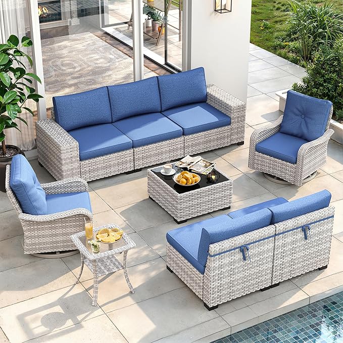 9 Piece Outdoor Wicker Rattan Sectional Sofa Set with Swivel Chairs, 7-Seats Conversation Set with 4" Thickened Cushions & Coffee Table, All-Weather PE Rattan for Garden, Backyard, Porch, Blue
