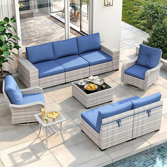 9 Piece Outdoor Wicker Rattan Sectional Sofa Set with Swivel Chairs, 7-Seats Conversation Set with 4" Thickened Cushions & Coffee Table, All-Weather PE Rattan for Garden, Backyard, Porch, Blue