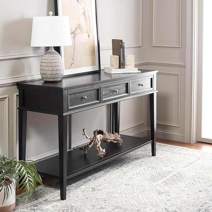 SAFAVIEH Home Collection Manelin Black/Antique Gold 3-Drawer Console Table for Living Room Foyer Bedroom Hallway Entryway Office