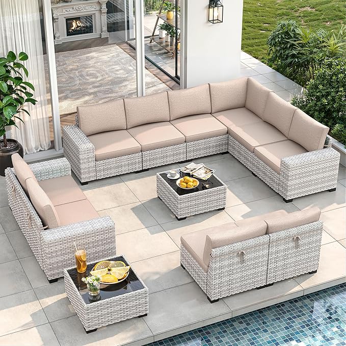 12 Piece Outdoor Wicker Rattan Sectional Sofa Set, 10-Seats Patio Furniture Conversation Set with 4" Thickened Cushions & Coffee Table, All-Weather PE Rattan for Garden, Backyard, Porch, Beige