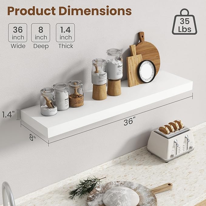 36 Inch Floating Shelves for Wall, 8 Inch Deep Floating Shelf for Storage & Display, Rustic Wall Mounted Shelf with Invisible Brackets for Living Room, Kitchen, Bathroom, Home Decor, Set of 2, White