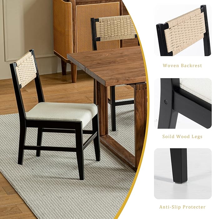 Chogori Wooden Dining Chairs, Modern Farmhouse Kitchen & Dining Room Accent Side Chairs with Woven Rope Back and Fabric Upholstered for Home, Living Room (Black, Set of 2)