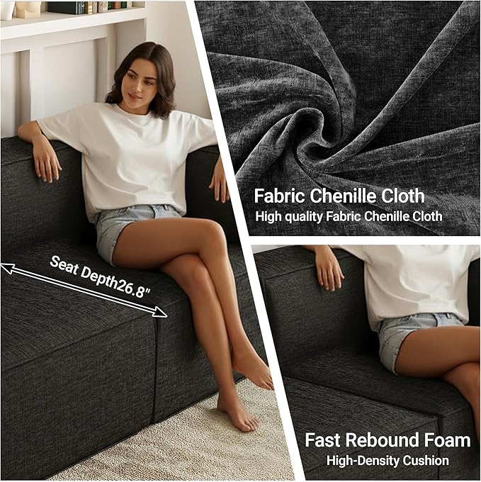 76" Sectional Compressed Sofa Modular Couches Loveseat 2 Deep Seat,High-Density Foam No Assembly Required,2-Piece(2xCorner) for Living Room Fabric Chenille Dark Grey