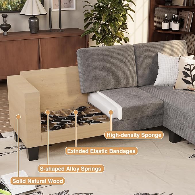 VICTONE Convertible Sectional Sofa Couch, 3 Seat L-Shaped Sofa with Linen Fabric Ottoman Small Couch for Small Apartments, Living Room and Office (Corduroy, Gray)