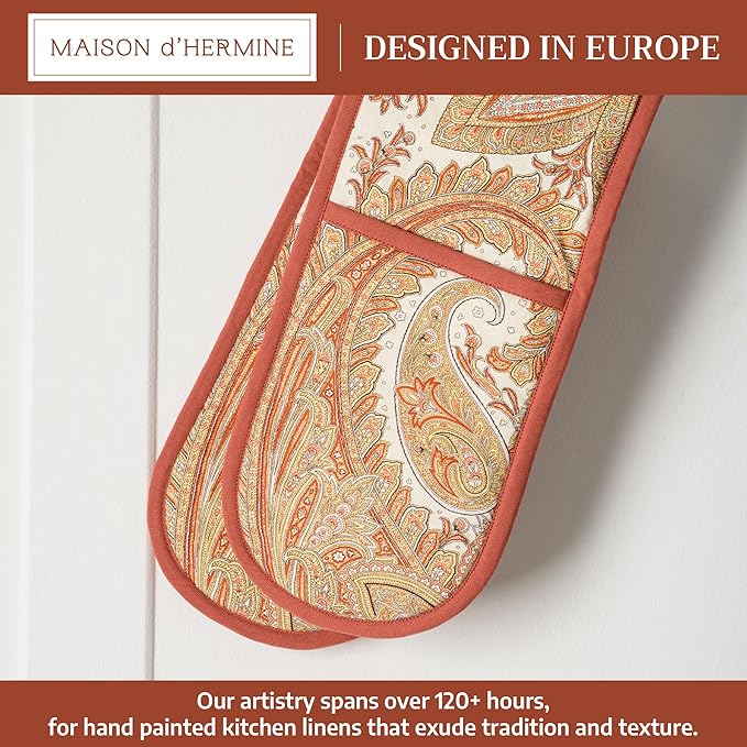 Maison d' Hermine Double Oven Mitt (7" x 35") 100% Cotton Heat Resistant BBQ Cooking Gloves with Loop for Thanksgiving Christmas Decorations Baking Cooking Barbeque Handling Hot Pan (Kashmir Paisley)