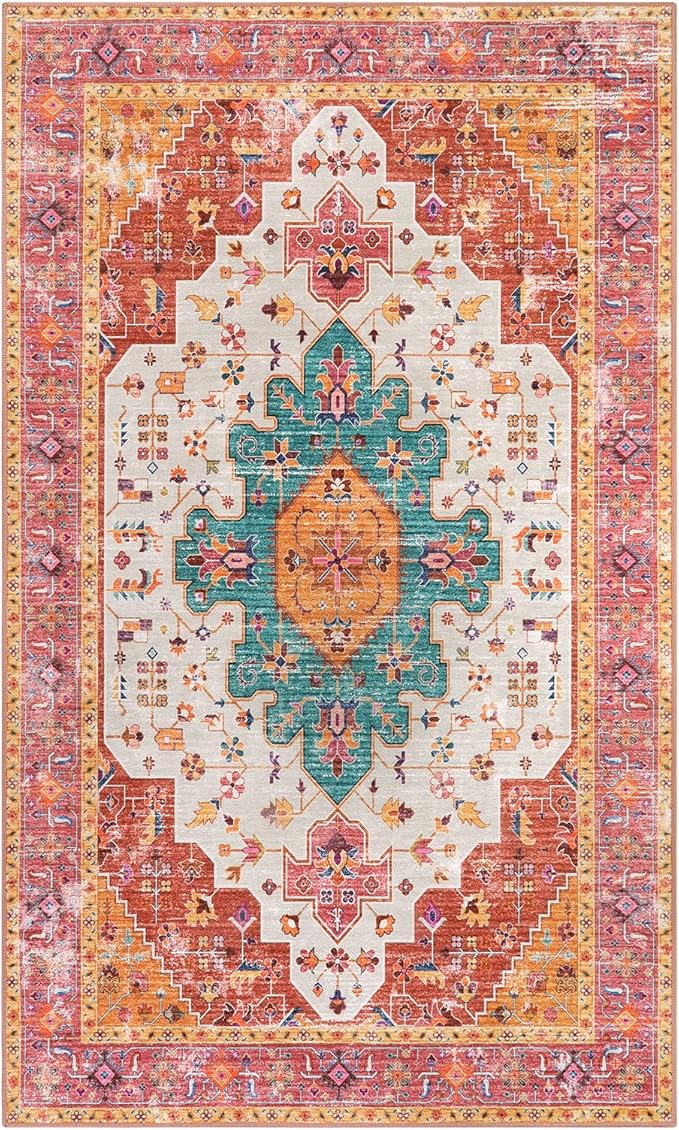 Moynesa Ultra-Thin Washable Vintage Area Rug - 3x5 Boho Girls Bedroom Non-Slip Non-Shedding Oriental Medallion Living Room Mat Indoor Carpet for Office Nursery Room, Pink/Teal/Multi
