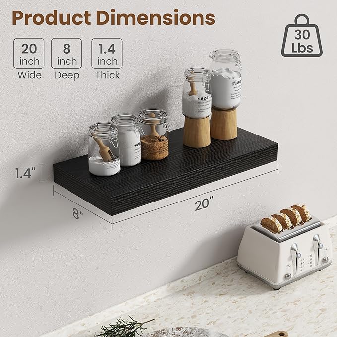 20 Inch Floating Shelves for Wall, 8 Inch Deep Floating Shelf for Storage & Display, Rustic Wall Mounted Shelf with Invisible Brackets for Living Room, Kitchen, Bathroom, Home Decor, Set of 2, Black
