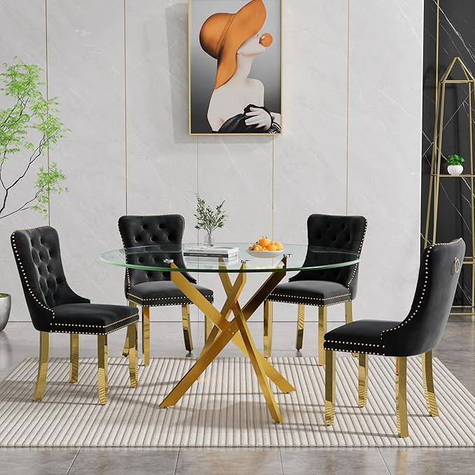 Goujxcy Round Dining Table Set for 4, Modern Glass Kitchen Table and Chairs Set of 4, 5-Piece Dining Room Table Set w/47 Circle Gold Glass Dining Table and 4 Upholstered Velvet Chairs