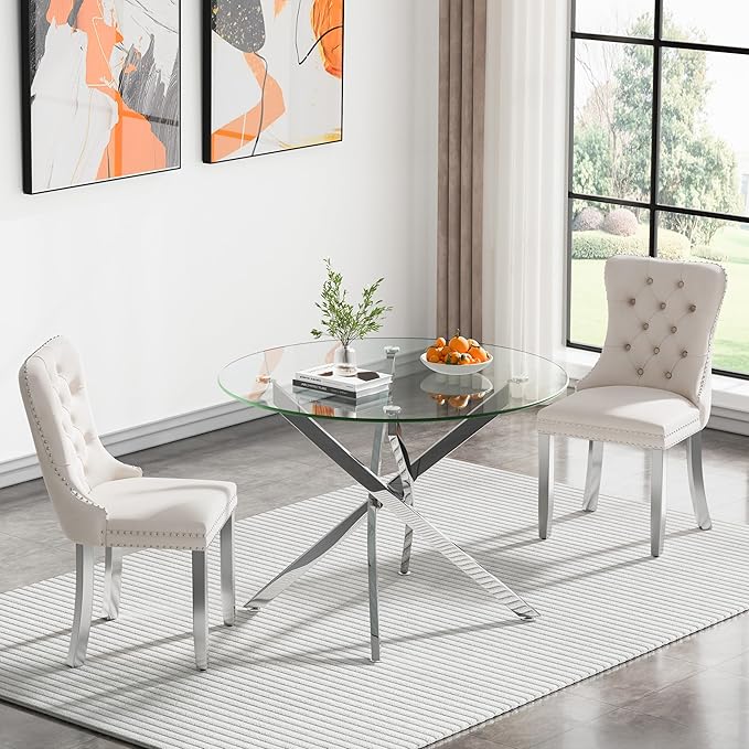 36" Round Glass Dining Room Table for 4 with Tempered Glass Top and Silver Chrome Metal Legs, Modern Clear Kitchen and Dinner Table for Home Office Dining Room