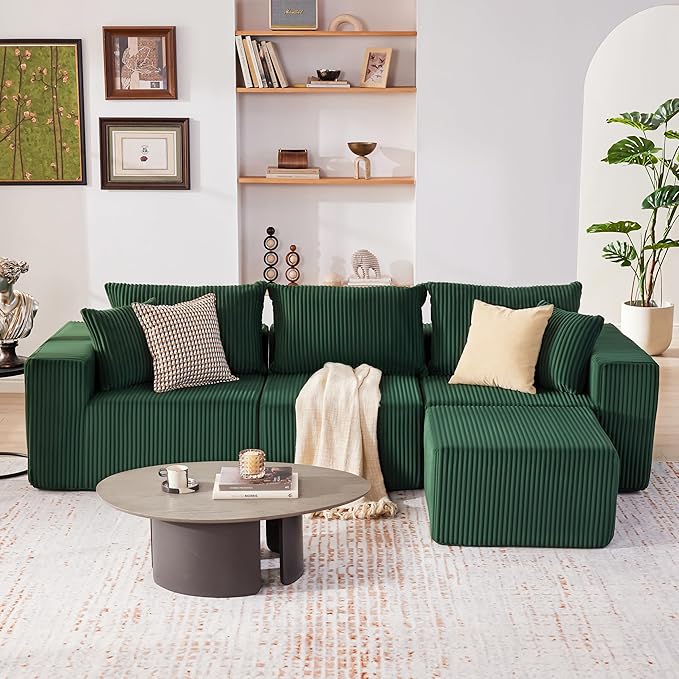 107.4" Cloud Couch Sectional, Modular Sofa with Deep Seat, Plush Corduroy L Shaped Boneless Couch, Convertible Sectional Couches for Living Room, 4Seat, Green