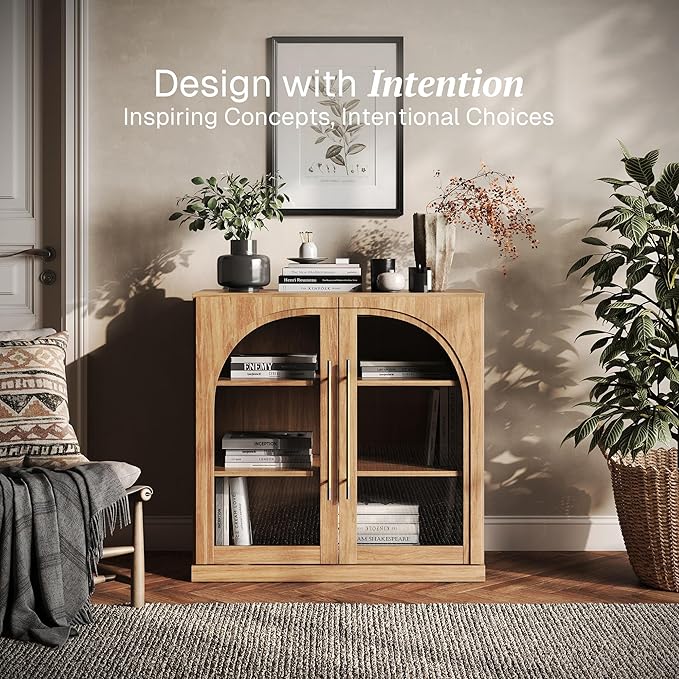 BELLEZE Modular Sideboard with Arched Glass Door, Accent Display Buffet Cabinet with Storage and Adjustable Shelves,Classic Modern Credenza for Dining Room Living Room Entryway (Camel)