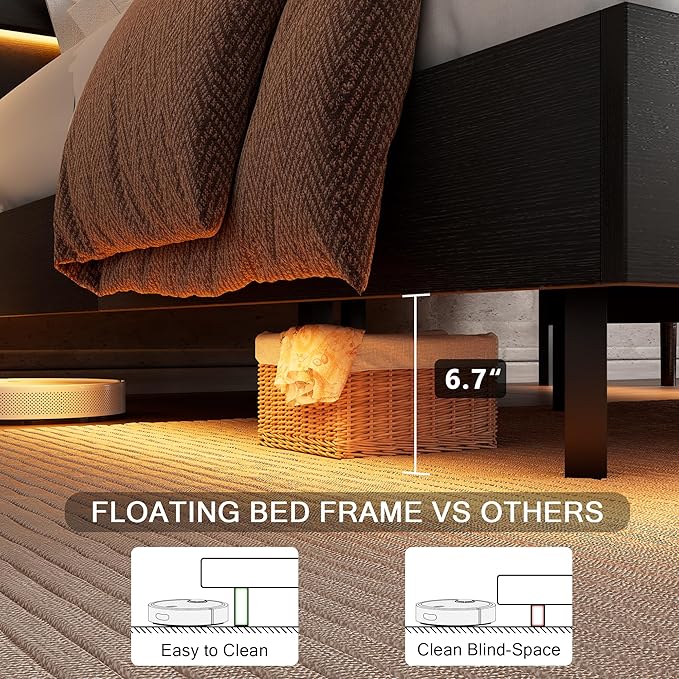 Floating Bed Frame King Size with Led Headboard and Charging Station, Metal Platform Bed Base with Storage, Remote Control, Heavy Slats Support, No Box Spring Needed, Noise Free, Black