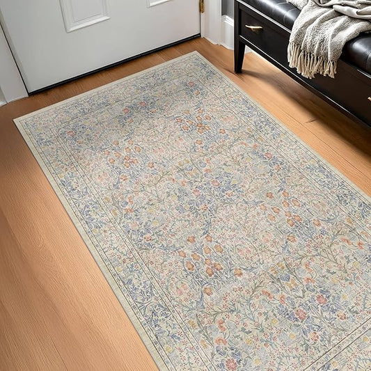 3x5 Washable Area Rug for Bedroom Beside Bed Mat, Large Kitchen, Entryway Rug Indoor - Ultra Soft Vintage Floral Beige Blue Decor Non-Slip Low Pile Stain Resistance