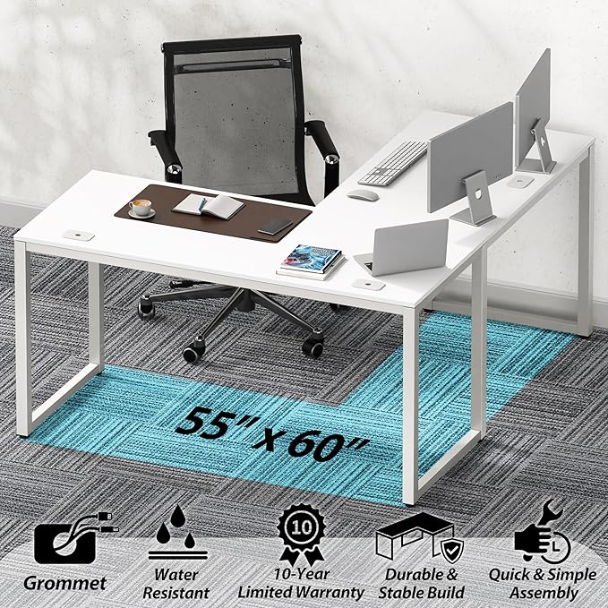 SHW 55 x 60 Inches Commercial-Grade L-Shape Corner Office Computer Desk, White
