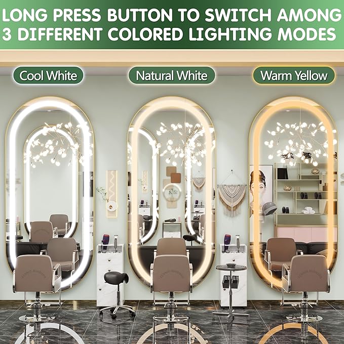 FENNIO Modern Oval Wall Mounted 80" x 36" LED Full Body Mirror with Lights, 3 Color Lighting, Tempered Glass