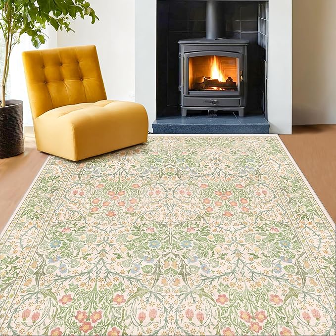 Washable Beige Green 5x8 Area Rug for Large Entryway, Living Room, Kids Room, Boy Bedroom, Playroom - Vintage Oriental Rug Low Pile Non Slip & Stain Resistance (5x8 Beige Green)