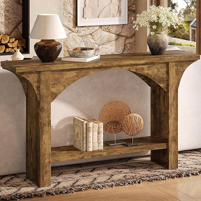 55 Inches Console Table,2 Tier Farmhouse Entryway Table,Narrow Wood Accent Tables with Storage Shelves for Living Room,Entrance,Hallway,Foyer (Brown)
