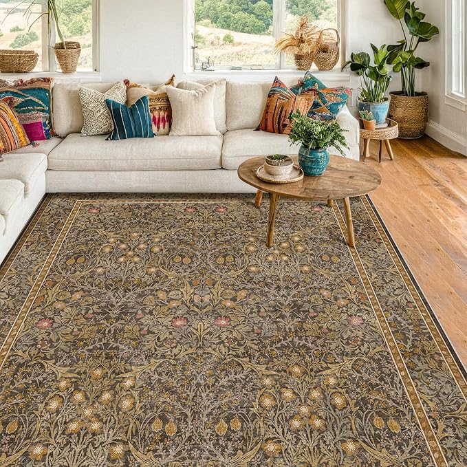Dining Room Rugs for Under Table - 5x8 Washable Brown Oriental Area Rug for Living Room, Low Pile Non-Slip Floor Carpet for Bedroom - Vintage Design & Stain Resistance