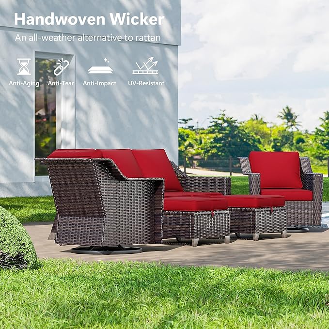 7 Pieces Wicker Patio Furniture, Luxury Outdoor Furniture with 2 Patio Swivel Chair, 3-Seater Sofa, 2 Patio Ottoman, 1 Coffee Table and 1 Side Table, Wide Armrest, Thickened Cushions