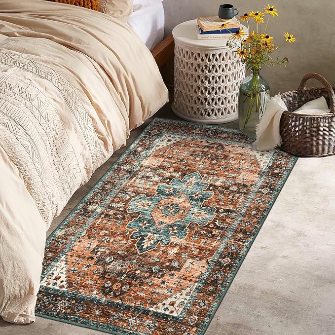 Moynesa Ultra-Thin Washable Vintage Area Rug - 3x5 Boho Non-Slip Entryway Rug Oriental Medallion Living Room Rug Entrance Mat Carpet for Kitchen Laundry Bathroom Bedroom, Brick Red/Dull Teal