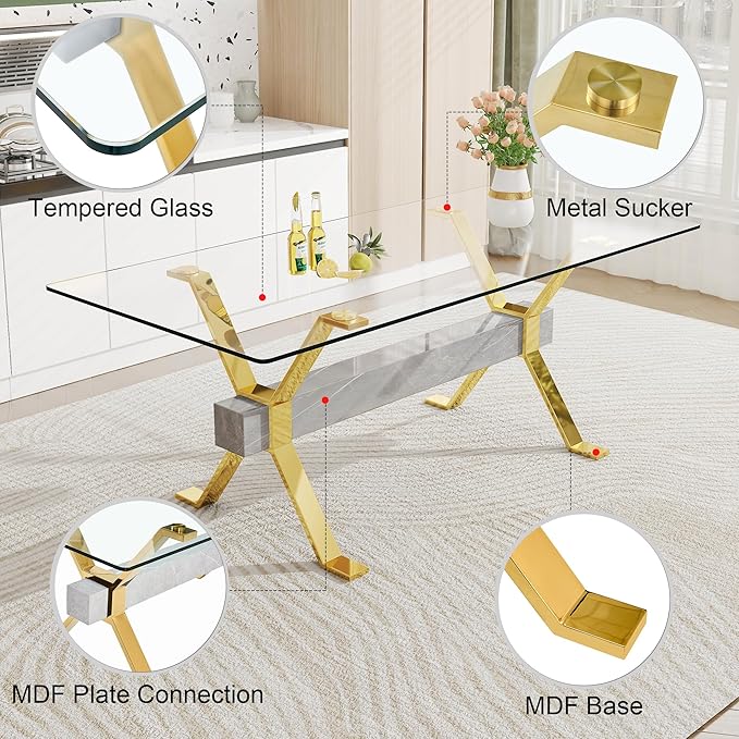 79" Glass Dining Table, Modern Kitchen Table, Modern Dining Table for 8, 0.5" Thick Tempered Glass Tabletop with Gold Chrome Metal Legs and Grey Crossbar, Ideal for Dining Room, Kitchen