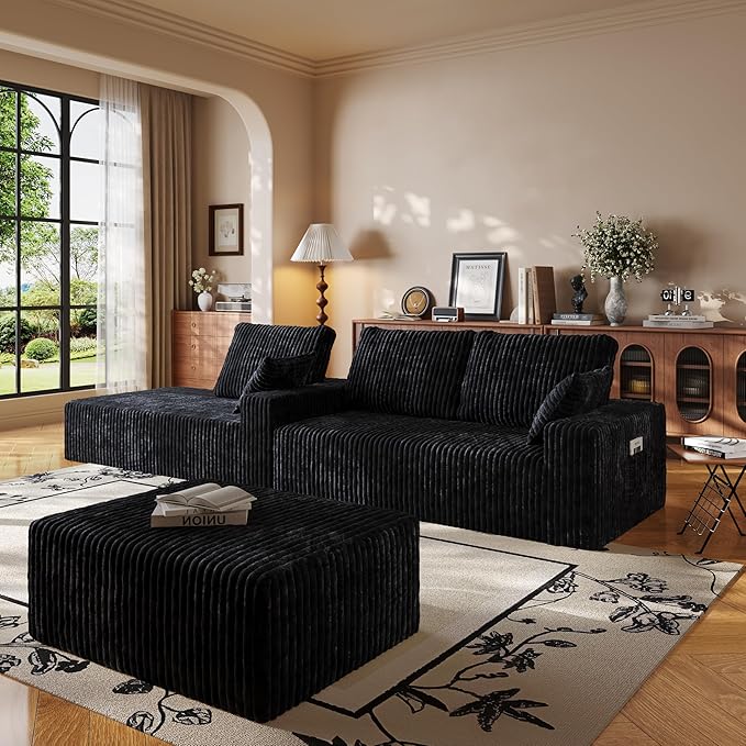 108" U Shaped Sectional Couch with Ottoman, Corduroy Modular Sectional Sofa with Deep Seat, Modern Modular L-Shape Sofa Couch with Chaise,Upholstered Boneless Couches for Living Room Bedroom
