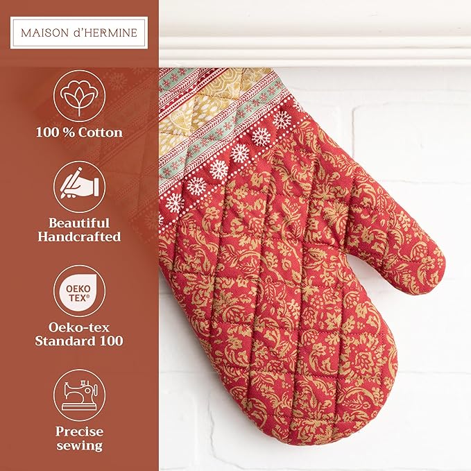 Maison d' Hermine Oven Gloves 100% Cotton Oven Mitt 7" x 13" with Loop Heat Resistant BBQ Cooking Gloves for Thanksgiving Christmas Decorations Baking Handling Hot Pans (Pack of 1, Sofia)