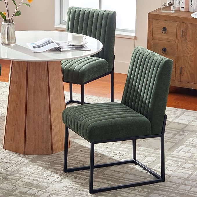 VKNOW Upholstered Dining Chairs Set of 4, Modern Dining Room Chairs with Stripe, Linen Kitchen Chair Dinner Chair with Black Metal Base for Kitchen Office, Green