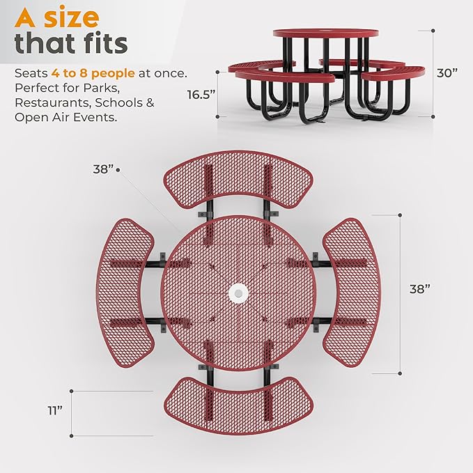 Metal Picnic Tables for Outdoors with Umbrella Hole - Coated Steel Heavy Duty Commercial Grade Furniture Set with Adjustable Seats (Red, 38 in, Round, Expanded Steel)