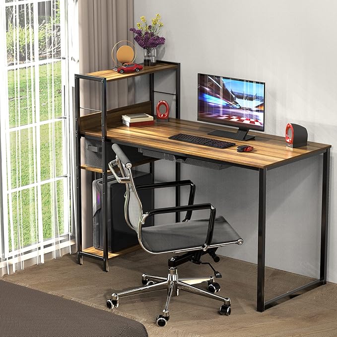 SHW 46-Inch Home Office Mission Computer Desk with Side Shelf and Drawer, Walnut