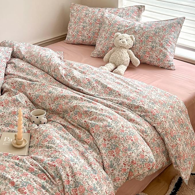 EAVD French Garden Pink Floral Comforter Set Full Soft Microfiber Chic Shabby Floral Bedding Set with 2 Pillowcases Cute Botanical Comforter Set for All-Season