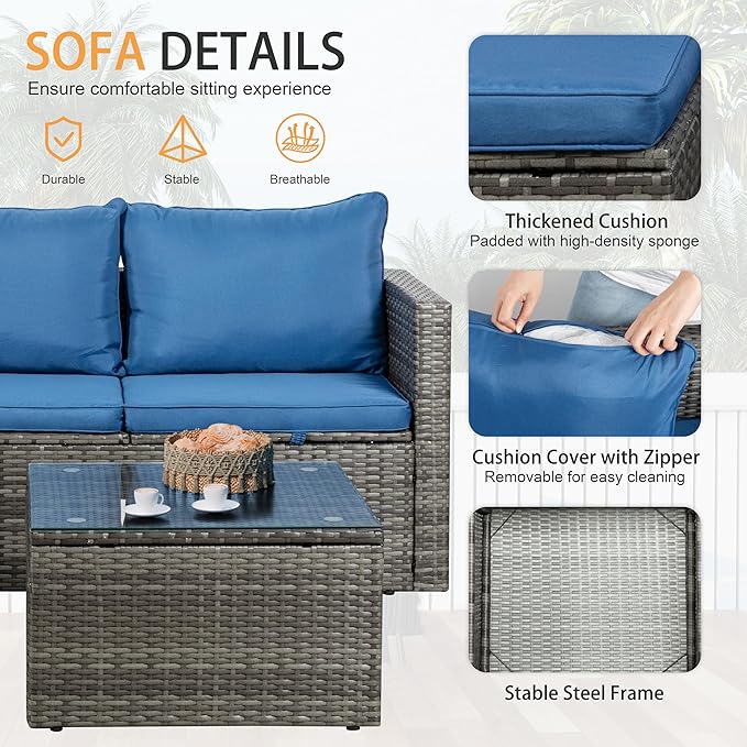 Shintenchi Outdoor Patio Furniture Sets, Small Outdoor Sofa Patio Sectional Sets 3-Piece All Weather Wicker Rattan Patio Seating Sofas with Glass Coffee Table and Cushion (Blue)