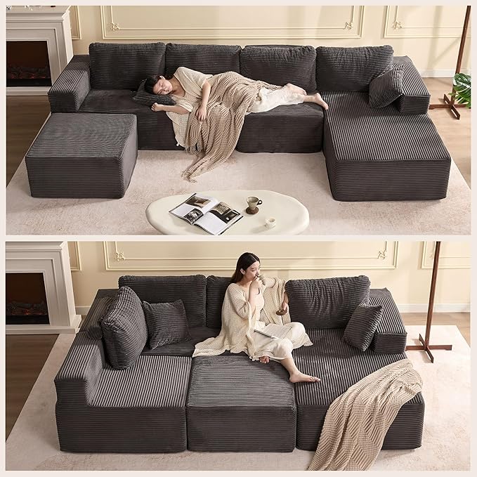138" Boneless Couch with Deep Seat, Modular Sectional Sofa, Cloud Sectional Couch for Living Room, No Assembly Required, Corduroy, U-Shape 4 Seater Right, Gray