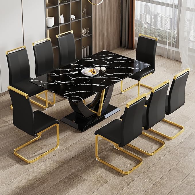 71" Dining Table Set for 8, Black Faux Marble Dining Room Table Set for 8, Large Rectangular Kitchen Table Set and PU Leather Chairs,Tempered Glass Glossy Table with Golden Leg
