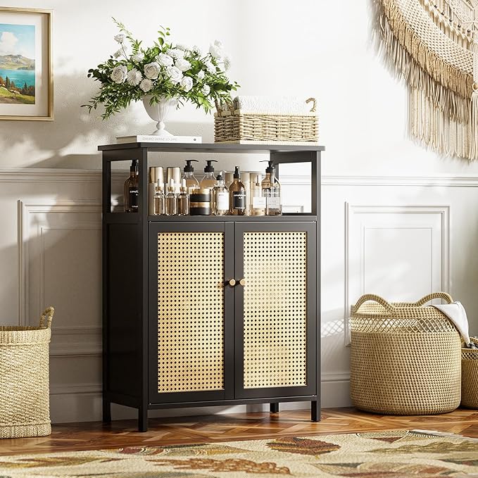 HITNET Bamboo Floor Cabinet, Bathroom Storage Cabinet with 2 Rattan Doors and Shelves, Space Saving Freestanding Kitchen Cupboard, Black