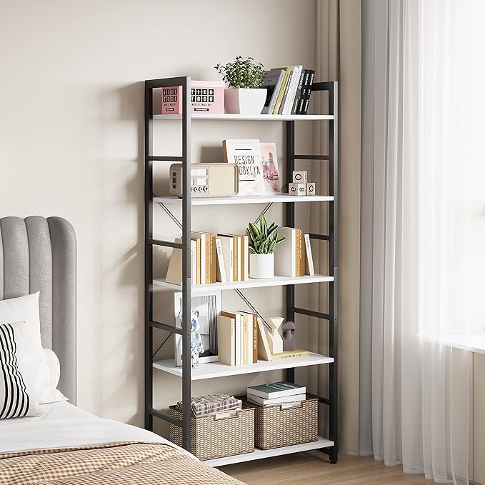 24" Bookshelf, 5-Tier Ladder Shelf, Industrial Bookcase, Wooden and Metal Storage Rack, Shelving Unit for Living Room Entryway Office, White Book Shelves