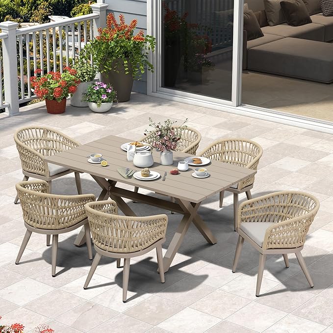PURPLE LEAF 7 Pieces Outdoor Dining Set All-Weather PE Rattan Outdoor Patio Rurniture Set with All Aluminum Frame Rectangular Table and Chairs Set for Lawn Garden Backyard Deck, Champagne
