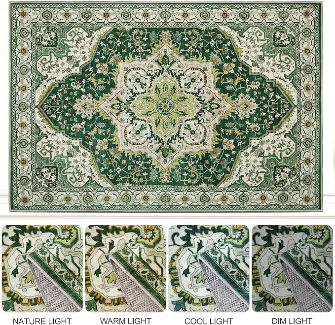 Area Rugs 5x7 - Machine Washable Vintage Oriental Soft Rug, Low Pile Thin Floor Carpet with Non Slip Backing for Living Room, Bedroom,Dorm, Kitchen, Indoor House, Office Rolling Chair
